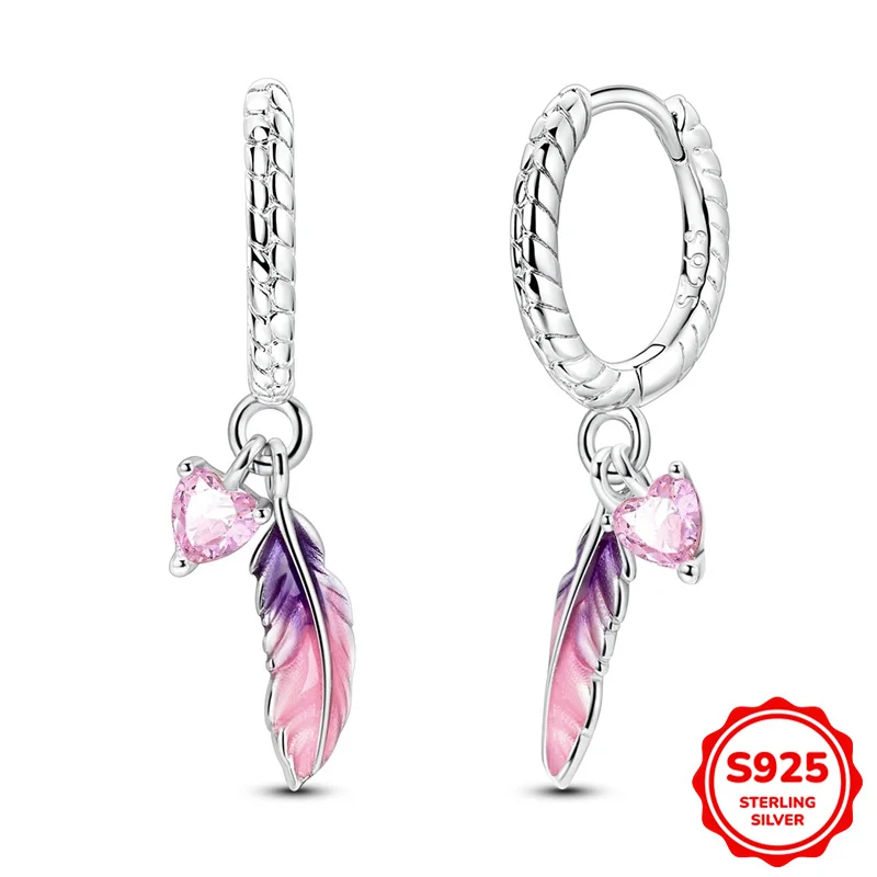 Серьги из стерлингового серебра 925 пробы, женские серьги-кольца с розовыми и фиолетовыми перьями на годовщину, свадебные украшения, подарки 
Серьги из стерлингового серебра 925 пробы, женские серьги-кольца с розовыми и фиолетовыми перьями на годовщину, свадебные украшения, подарки