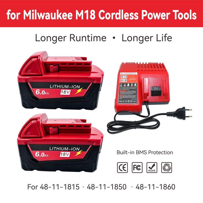 2-Pack 18V 6.0Ah For Milwaukee M18 Battery, 48-11-1850 48-11-1860, Power Display, High Rate Discharge, Fit Drill Impact Saw
2-Pack 18V 6.0Ah For Milwaukee M18 Battery, 48-11-1850 48-11-1860, Power Display, High Rate Discharge, Fit Drill Impact Saw