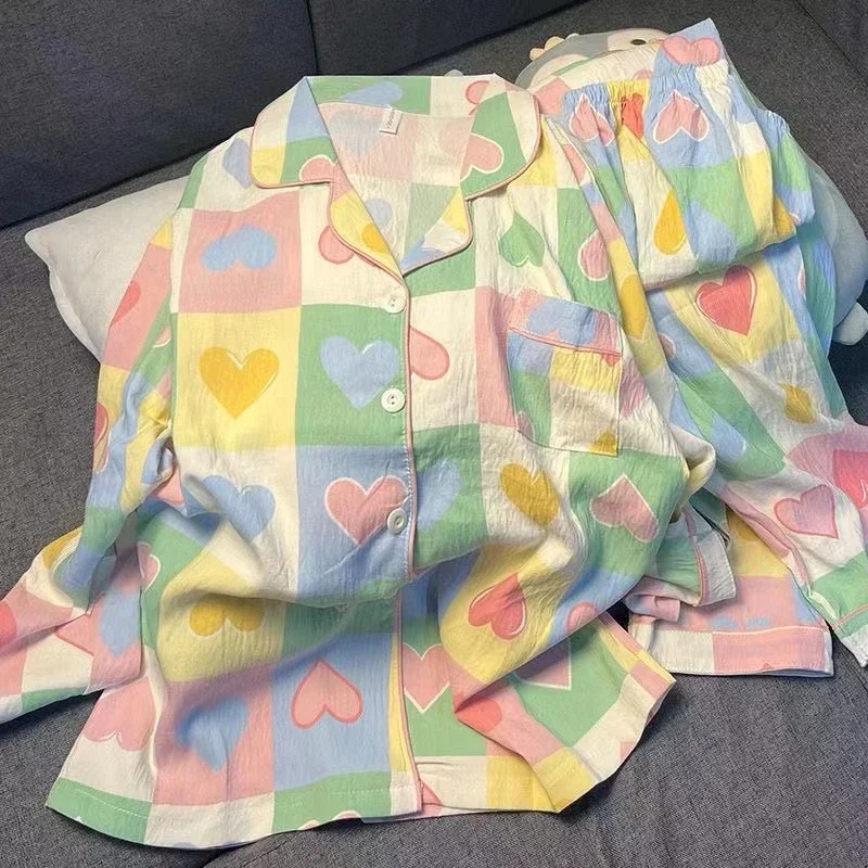 Colourful Love Plaid Print Women's Pajamas Harajuku Style Sweet Cute Sleepwear Women's New Spring Kawaii 2 Piece Pajamas Set
Colourful Love Plaid Print Women's Pajamas Harajuku Style Sweet Cute Sleepwear Women's New Spring Kawaii 2 Piece Pajamas Set
