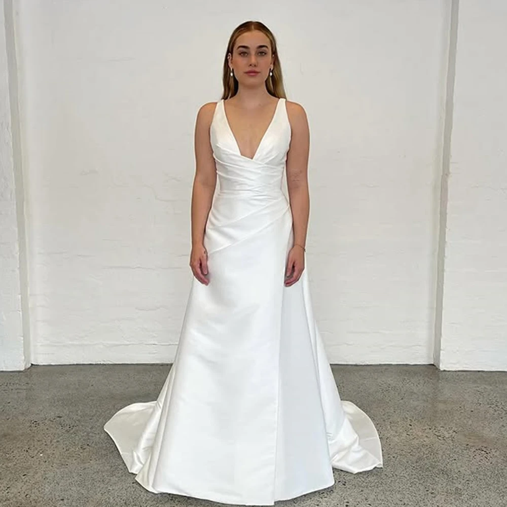 Sexy V-neck Pleat Satin A Line Wedding Dresses Side Slit Custom Made Bridal Grown 2025 Vestido De Noival
Sexy V-neck Pleat Satin A Line Wedding Dresses Side Slit Custom Made Bridal Grown 2025 Vestido De Noival