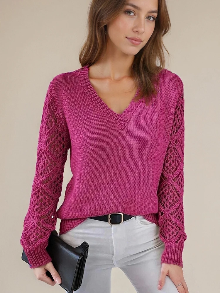 Fashion Autumn Women's V-Neck Sweater Elegant Hollow Out Long Sleeve Knitwear Casual Solid Pullover Office Lady Knitted Top
Fashion Autumn Women's V-Neck Sweater Elegant Hollow Out Long Sleeve Knitwear Casual Solid Pullover Office Lady Knitted Top