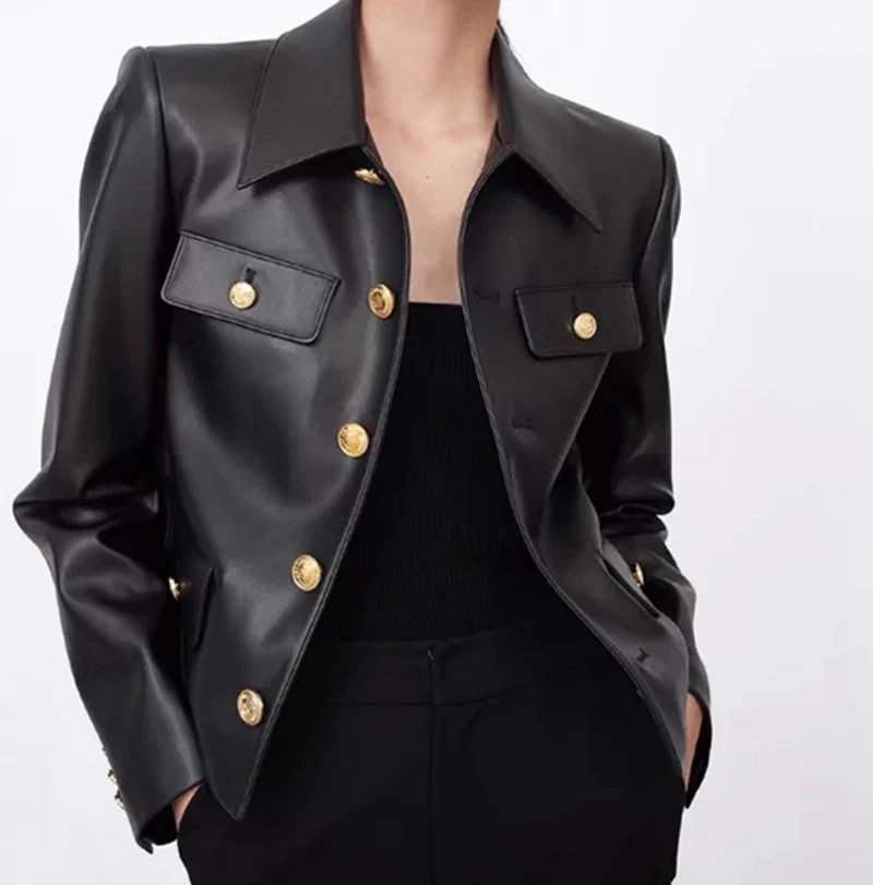 100% Genuine Leather Women's Sheepskin Short Jacket Fashion Lapel Gold Buttons Deco Casual Long Sleeve Leather Jacket Tops Femme
100% Genuine Leather Women's Sheepskin Short Jacket Fashion Lapel Gold Buttons Deco Casual Long Sleeve Leather Jacket Tops Femme