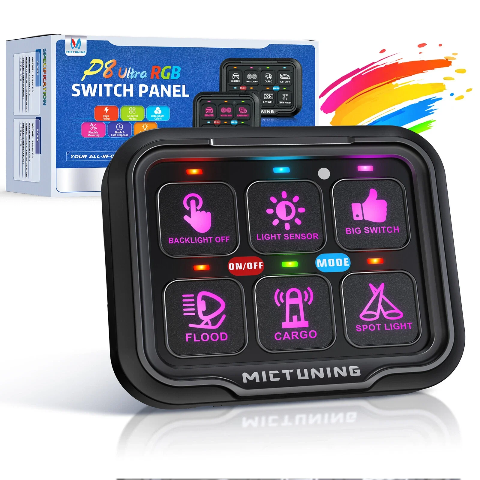 MICTUNING 6 Gang Switch Panel P8-Ultra, with Automatic Dimmable On-Off LED Switch Pod Touch Multifunction Switch Box for Car
MICTUNING 6 Gang Switch Panel P8-Ultra, with Automatic Dimmable On-Off LED Switch Pod Touch Multifunction Switch Box for Car