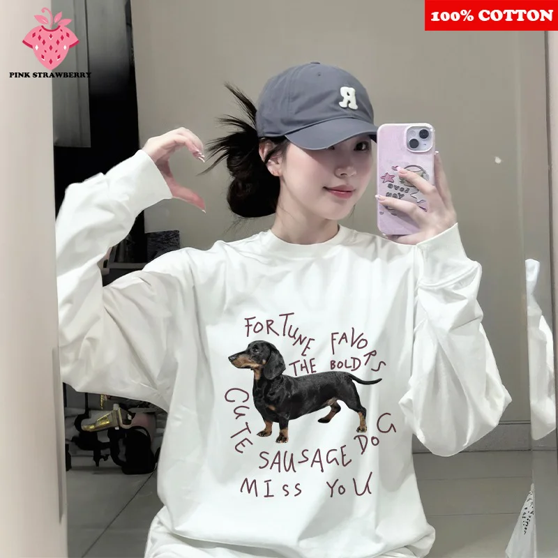 Korean Sausage Dog Print T-shirt Women Autumn 2025 New 100% Cotton White Long sleeve T-shirt Loose Casual Y2k Top kawaii clothes
Korean Sausage Dog Print T-shirt Women Autumn 2025 New 100% Cotton White Long sleeve T-shirt Loose Casual Y2k Top kawaii clothes