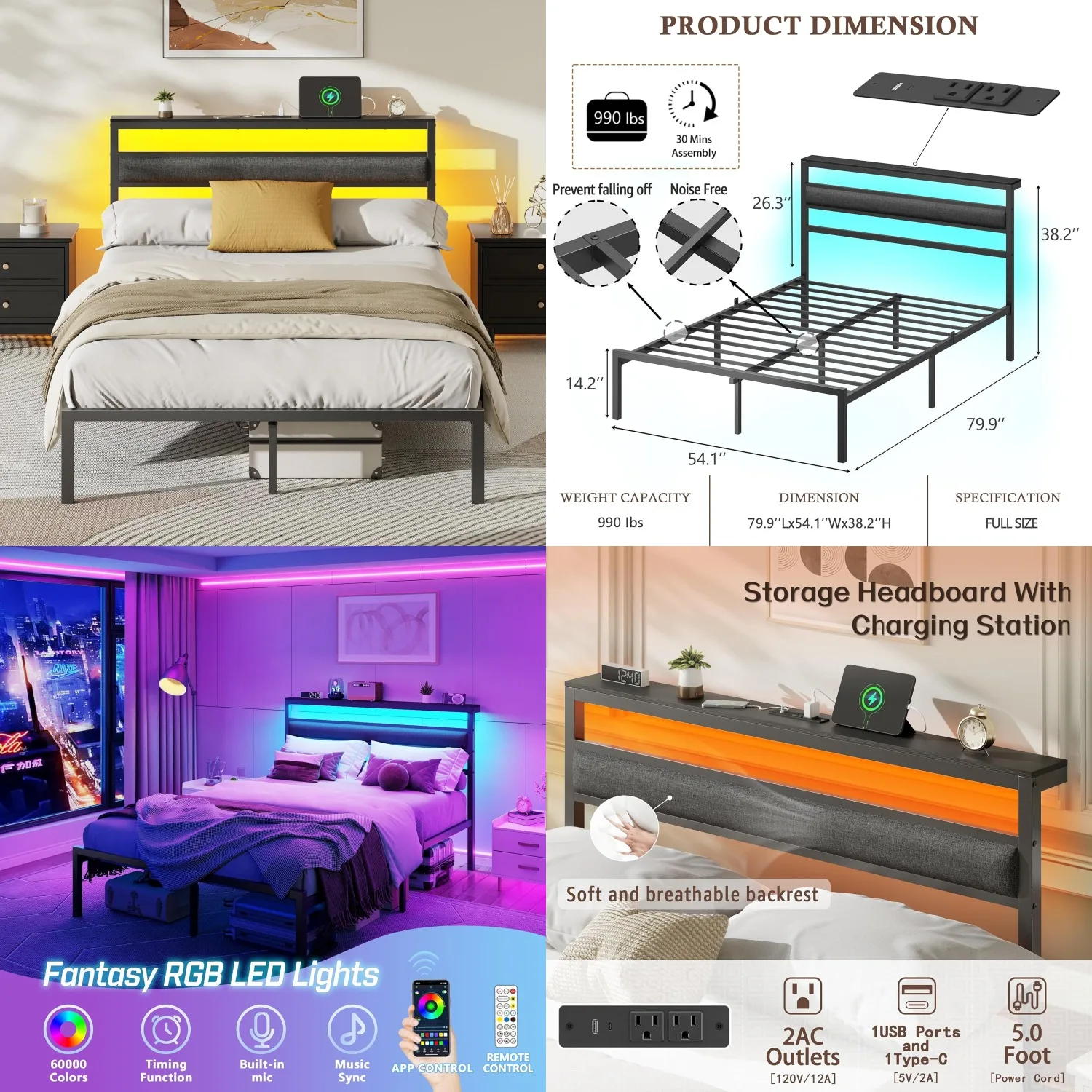 Full Size Bed Frame, Bed Frame Full with LED Lights and Charging Station Headboard, Black Metal Platform Bedframe, Customized
Full Size Bed Frame, Bed Frame Full with LED Lights and Charging Station Headboard, Black Metal Platform Bedframe, Customized