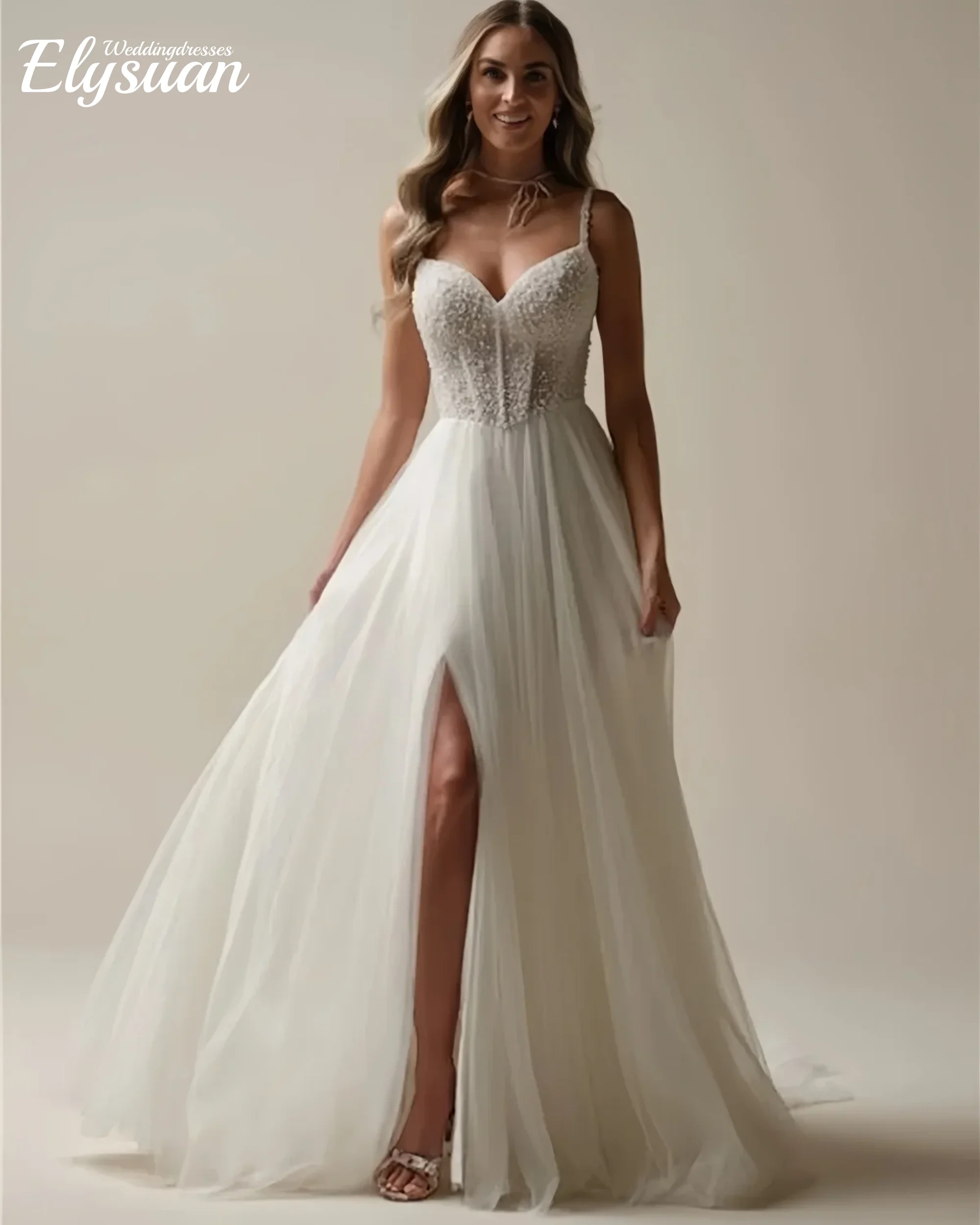Customized Beading Pearls Spaghetti Strap Wedding Dresses For Women Sequin Lace Side Slit Beach Bridal Gowns Vestidos de Novia
Customized Beading Pearls Spaghetti Strap Wedding Dresses For Women Sequin Lace Side Slit Beach Bridal Gowns Vestidos de Novia