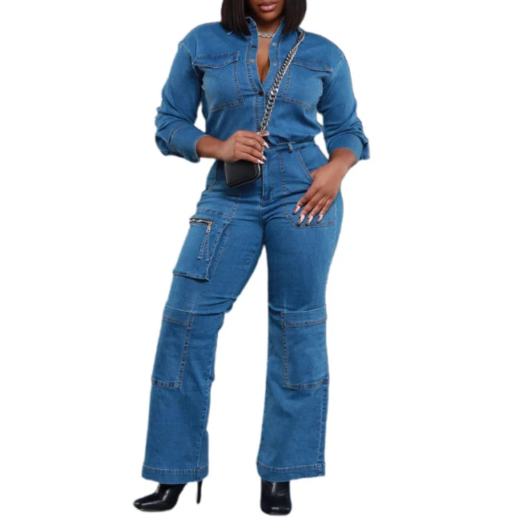 Classic Fashion Workwear Casual Style Lapel Button Front High Waisted Slim Fit Multi Pocket Design Long Sleeved Denim Jumpsuit
Classic Fashion Workwear Casual Style Lapel Button Front High Waisted Slim Fit Multi Pocket Design Long Sleeved Denim Jumpsuit