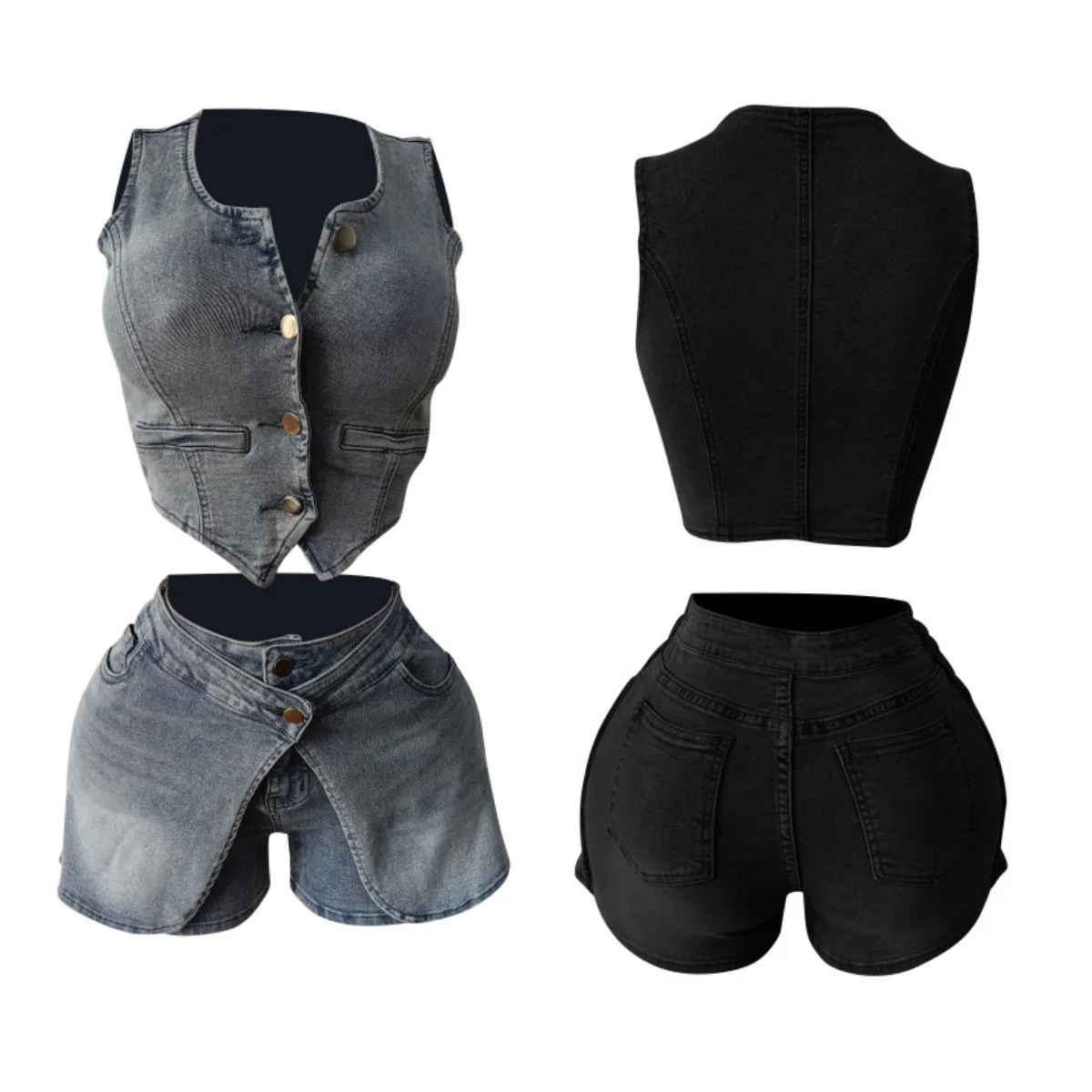Women's Casual Denim Vest Shorts Set Stretch High Waist Short Pants Fashionable Color Winter Outfit without Sleeves
Women's Casual Denim Vest Shorts Set Stretch High Waist Short Pants Fashionable Color Winter Outfit without Sleeves