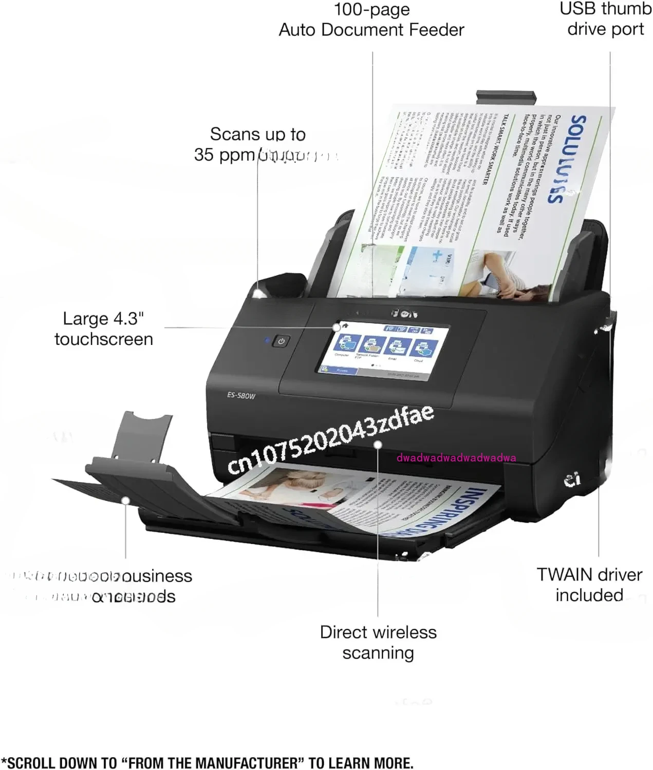 ES-580W Wireless Color Duplex Desktop Document Scanner for PC and Mac with 100-sheet Auto Document Feeder
ES-580W Wireless Color Duplex Desktop Document Scanner for PC and Mac with 100-sheet Auto Document Feeder