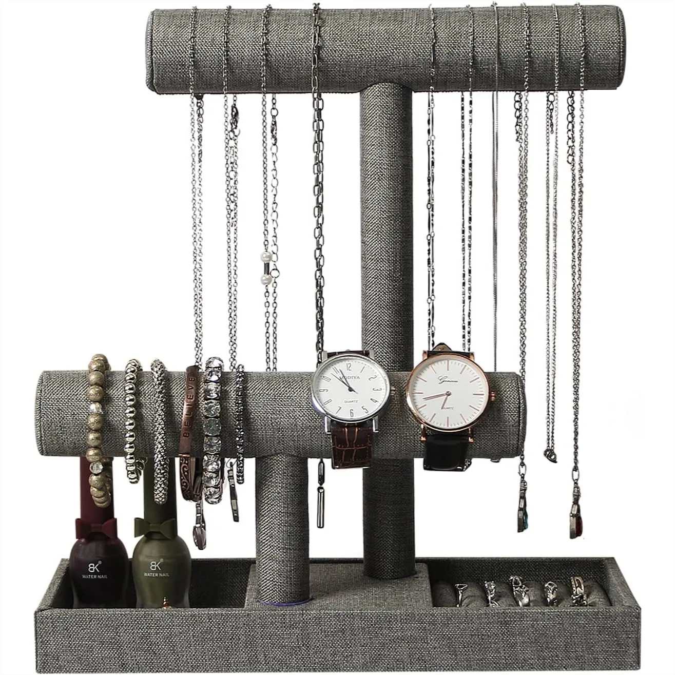 2 Tier Necklace Bracelet Holder Organizer with Ring Tray, Linen Jewelry Display Stand for Watch Scrunchie Lipstick
2 Tier Necklace Bracelet Holder Organizer with Ring Tray, Linen Jewelry Display Stand for Watch Scrunchie Lipstick