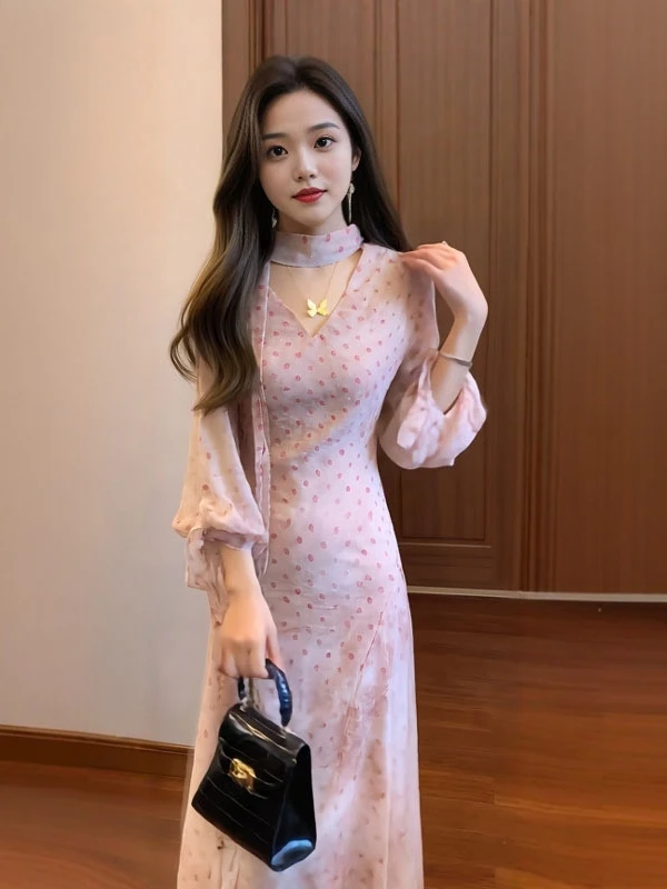 Elegant V-neck Polka Dot Dress Slimming Long Skirt Fashionable Gentle Style Cotton High Waist Spring Autumn Wear for Women
Elegant V-neck Polka Dot Dress Slimming Long Skirt Fashionable Gentle Style Cotton High Waist Spring Autumn Wear for Women