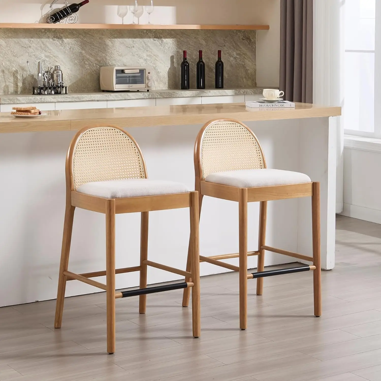 30in Counter Height Rattan Bar Stools Set of 2 with Wood Legs & Linen Upholstery for Kitchen Island, Customized
30in Counter Height Rattan Bar Stools Set of 2 with Wood Legs & Linen Upholstery for Kitchen Island, Customized