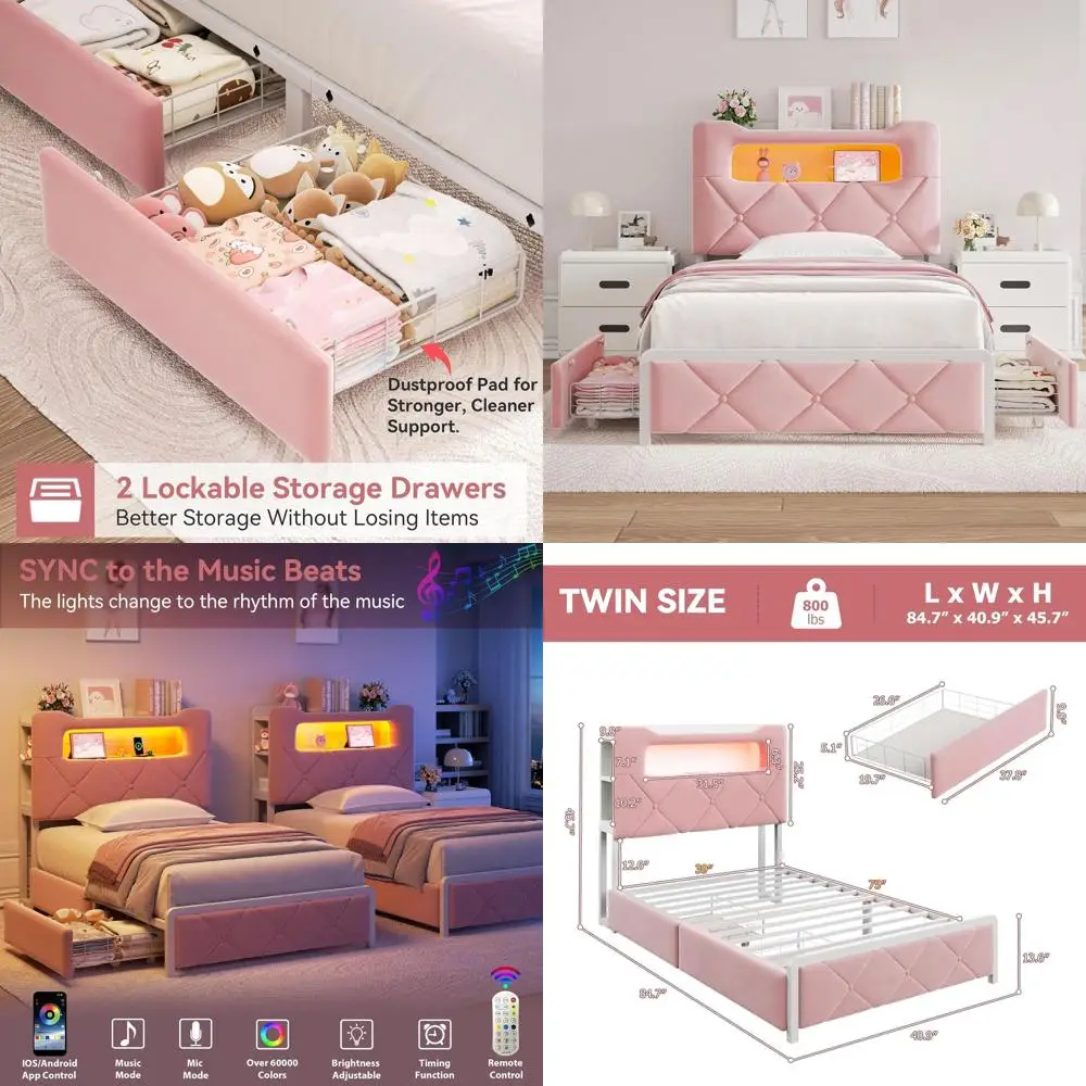 Pink Velvet Twin LED Bed with Storage Drawers and Bookcase, Suitable for Kids/Girls/Boys, Heavy Duty Metal Frame, No Box Spring
Pink Velvet Twin LED Bed with Storage Drawers and Bookcase, Suitable for Kids/Girls/Boys, Heavy Duty Metal Frame, No Box Spring