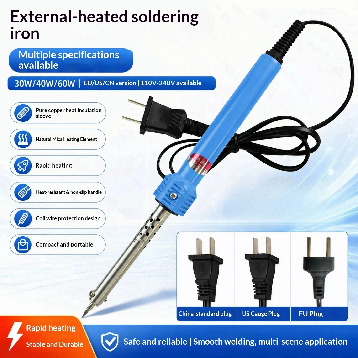 EU 220V 60W External Heated Soldering Iron Anti-Slip Insulated Handle Pointed Tip Welding Iron
EU 220V 60W External Heated Soldering Iron Anti-Slip Insulated Handle Pointed Tip Welding Iron