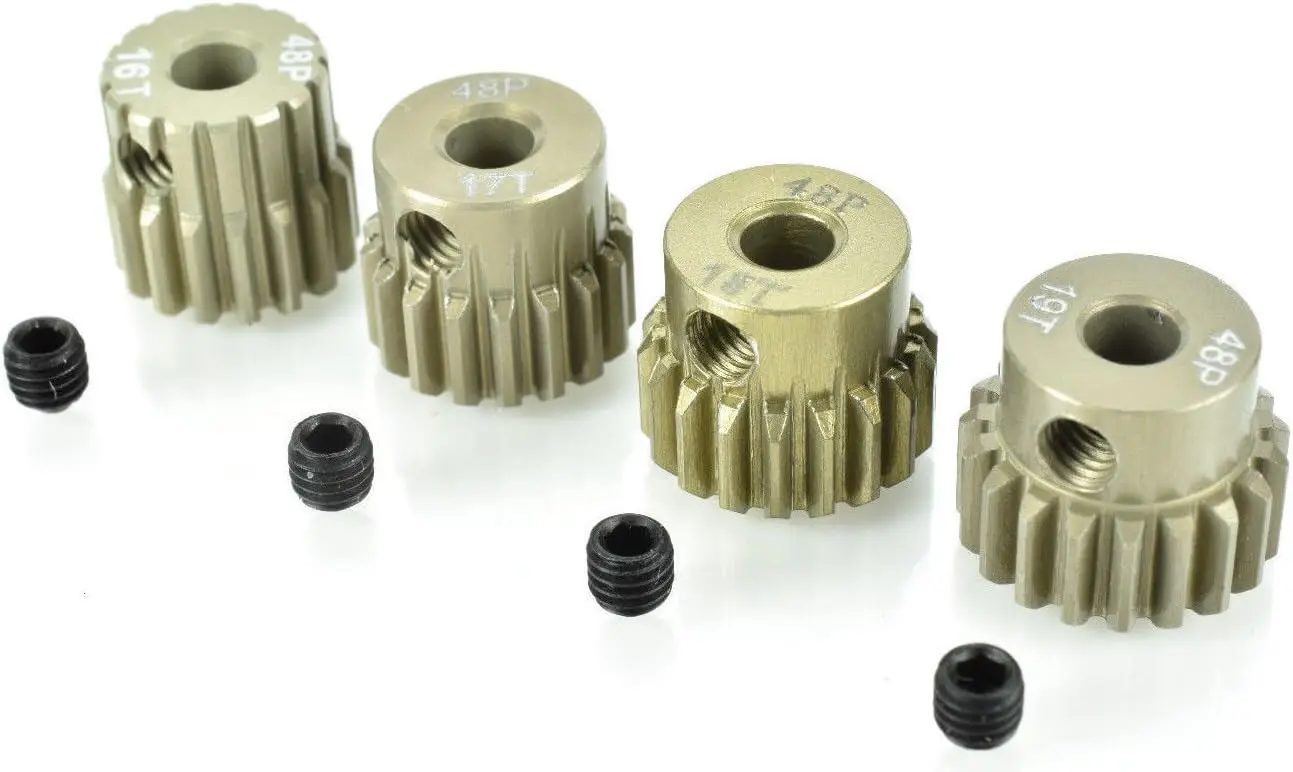 48 Pitch Aluminum Pinion Gear Set for 540/550 Motors, 16T-19T with Set Screws
48 Pitch Aluminum Pinion Gear Set for 540/550 Motors, 16T-19T with Set Screws