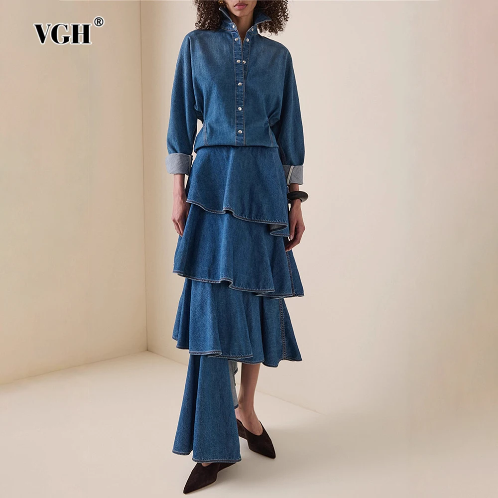 VGH Повседневный базовый комплект из двух предметов для женщин, джинсовая рубашка с длинными рукавами и лацканами, высокая талия, нерегулярная многоуровневая юбка, модный женский костюм
VGH Повседневный базовый комплект из двух предметов для женщин, джинсовая рубашка с длинными рукавами и лацканами, высокая талия, нерегулярная многоуровневая юбка, модный женский костюм