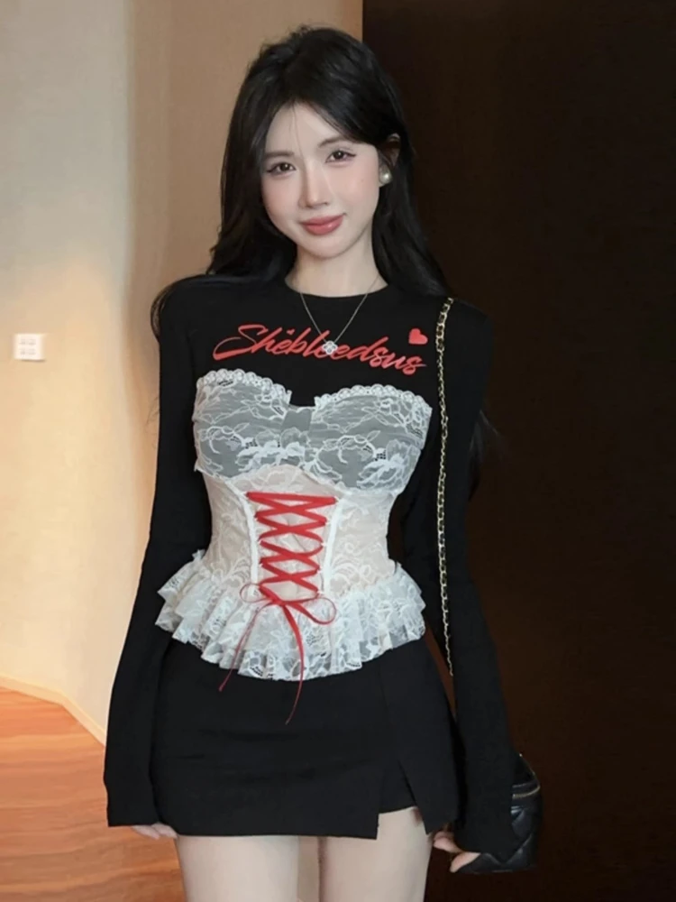 Модная женская футболка Y2k American Spice Girl с рюшами и кружевными швами на ремешке, облегающий топ, сексуальные уличные футболки с длинными рукавами, женские
Модная женская футболка Y2k American Spice Girl с рюшами и кружевными швами на ремешке, облегающий топ, сексуальные уличные футболки с длинными рукавами, женские