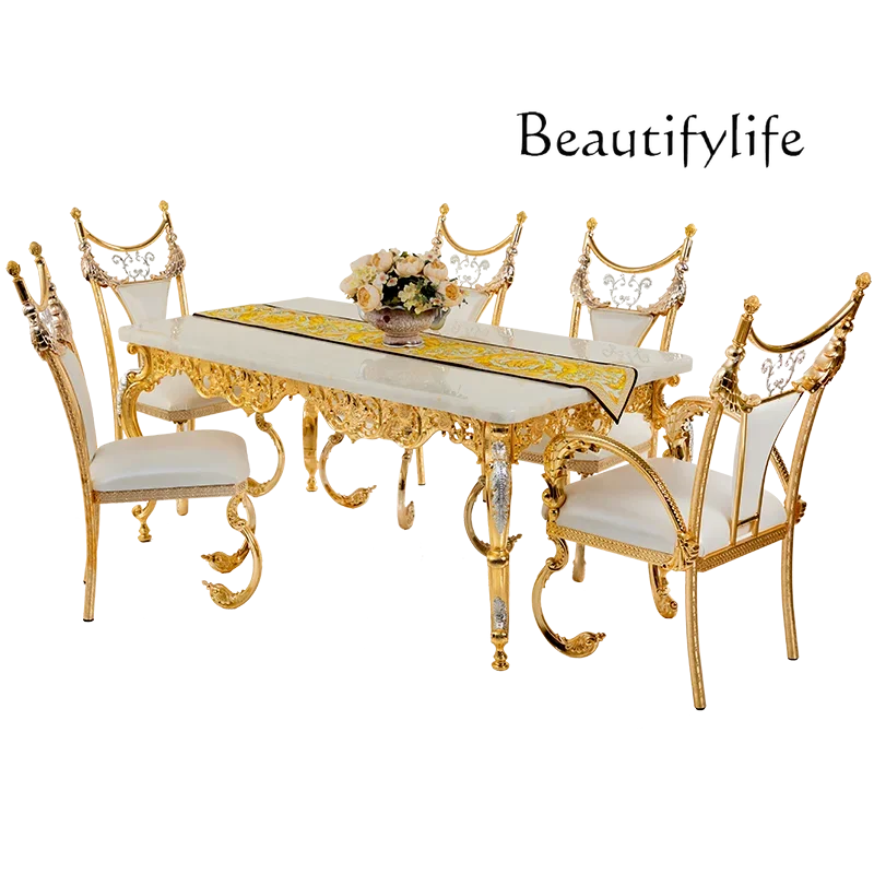 Natural marble dining table European table dining chair combination villa hollow carved rectangular dining table
Natural marble dining table European table dining chair combination villa hollow carved rectangular dining table