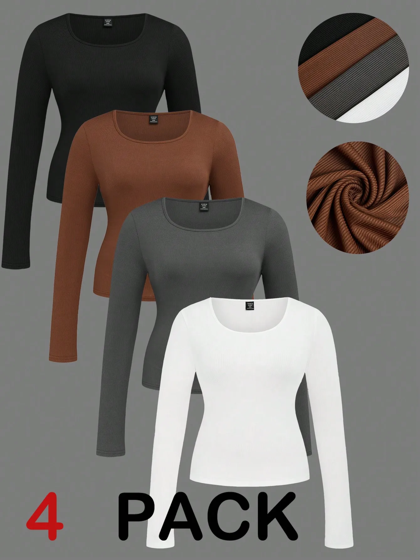 4-Pack Women's Ribbed Long Sleeve Crew Neck T-Shirts, Casual Fall Basics in Black, Brown, Grey, White
4-Pack Women's Ribbed Long Sleeve Crew Neck T-Shirts, Casual Fall Basics in Black, Brown, Grey, White