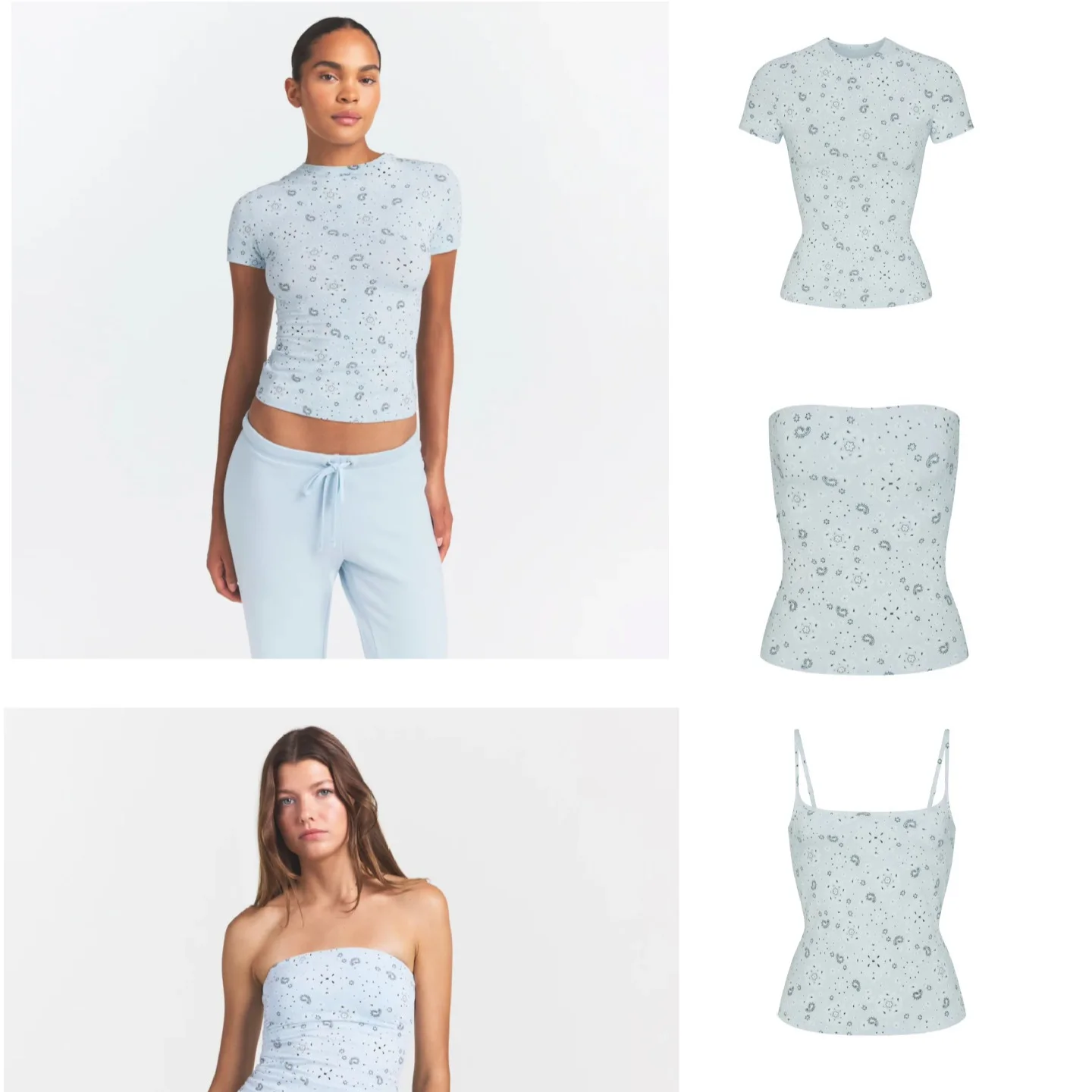 Summer New Style Blue Printed Slim Fit round Neck T-Shirt And Strapless Crop Top Set Casual Short Pants Women's Fashion
Summer New Style Blue Printed Slim Fit round Neck T-Shirt And Strapless Crop Top Set Casual Short Pants Women's Fashion