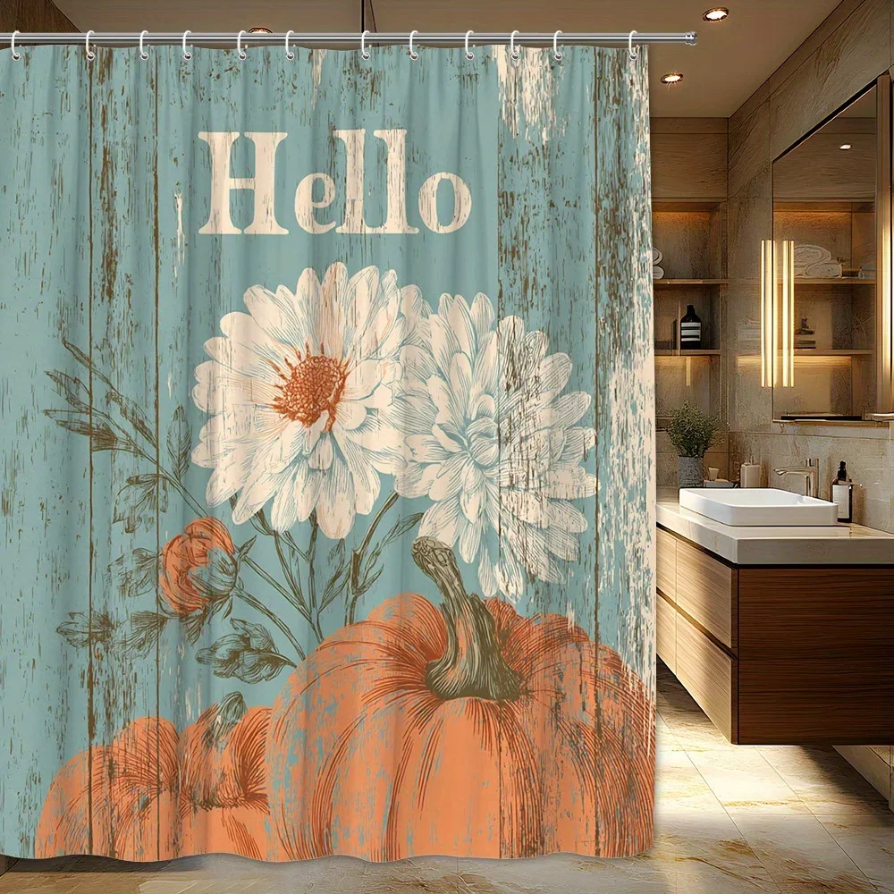 1pc Hello Autumn Shower Curtain - Extra Long Bathroom Window Coverage, Vintage Teal & Brown Wood Look with White Daisies & Pumpk
1pc Hello Autumn Shower Curtain - Extra Long Bathroom Window Coverage, Vintage Teal & Brown Wood Look with White Daisies & Pumpk