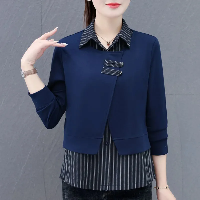 Fashion Fake Two Shirts Women's Long Sleeve Shirt Blouse 2026 Spring and Autumn New Fashion Style Striped Knitted Bottom Shirt
Fashion Fake Two Shirts Women's Long Sleeve Shirt Blouse 2026 Spring and Autumn New Fashion Style Striped Knitted Bottom Shirt