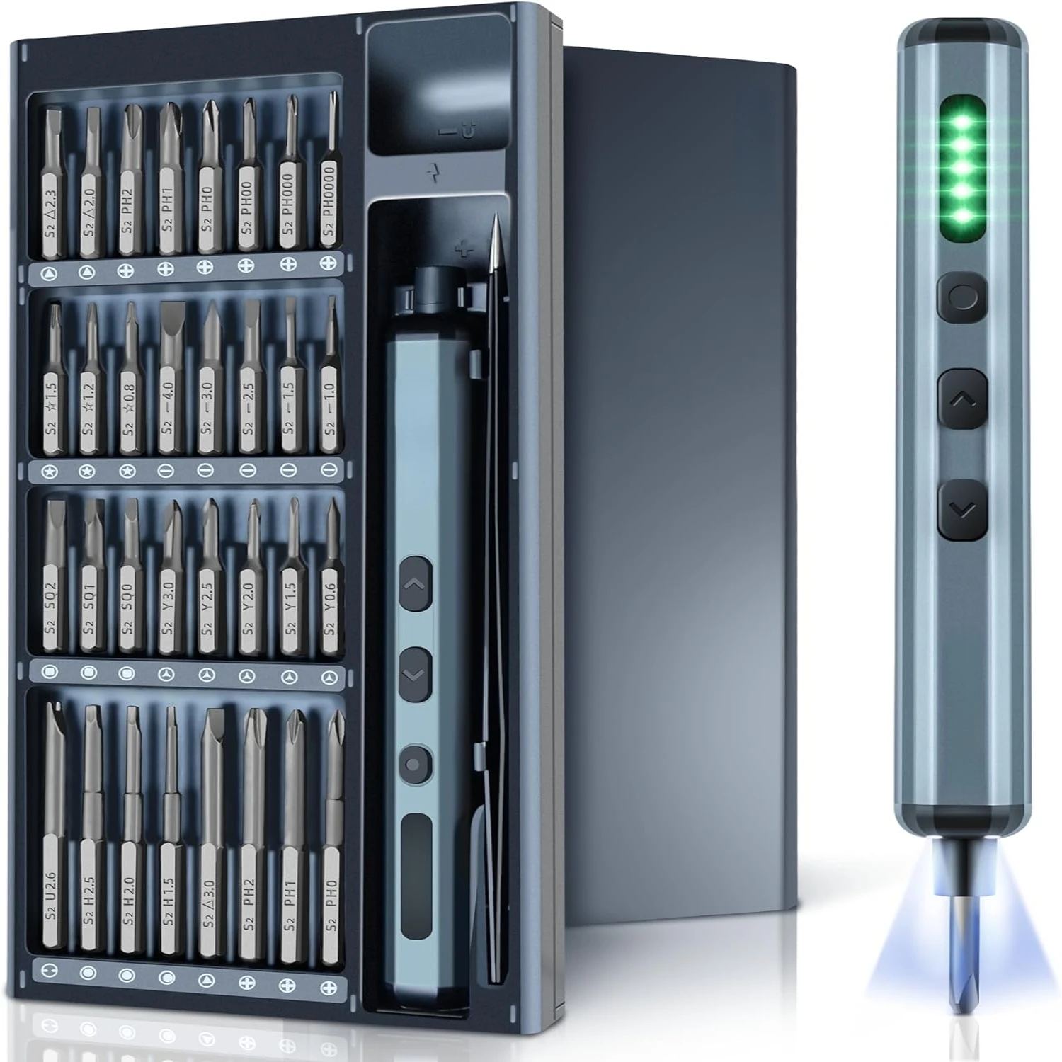 Compact Mini 70-in-1 Precision Electronics Screwdriver Set with Cordless Rechargeable Power - Featuring 4 LED Lights & 64 Assort
Compact Mini 70-in-1 Precision Electronics Screwdriver Set with Cordless Rechargeable Power - Featuring 4 LED Lights & 64 Assort