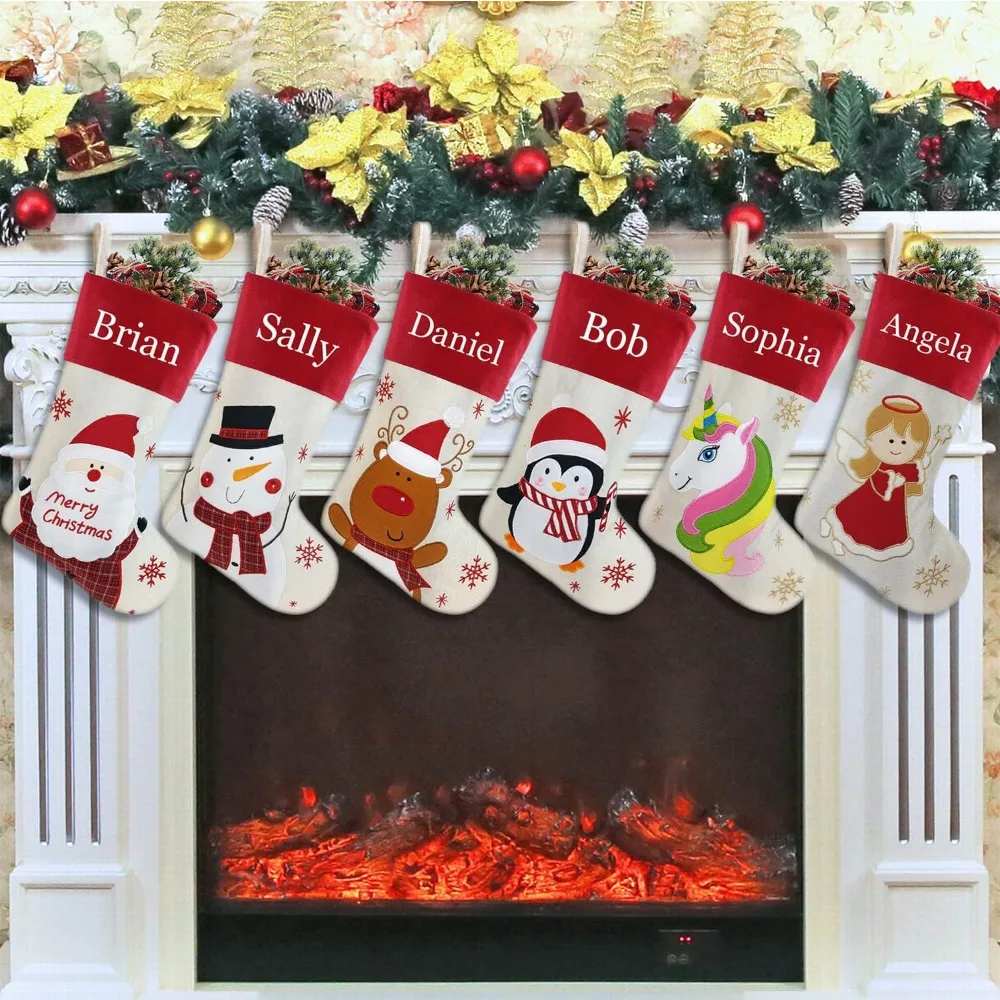 Set of 6, 18" Christmas Stocking with Embroidery for Family Decor Linen Stocking.
Set of 6, 18" Christmas Stocking with Embroidery for Family Decor Linen Stocking.