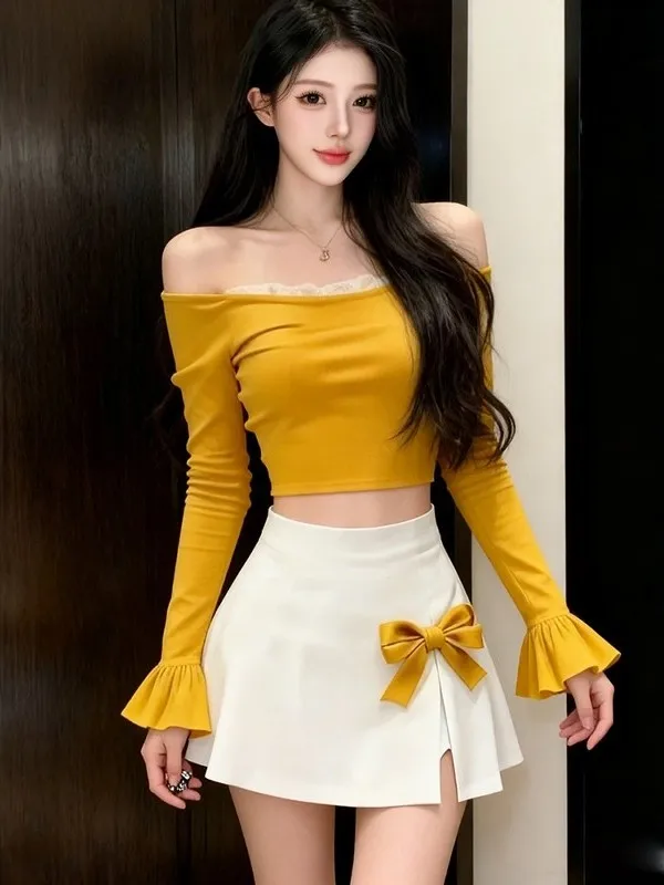 Fashionable Yellow One-Shoulder Long Sleeve Set for Women Early Spring Chic Knot High Waist Skirt Two-Piece Suit
Fashionable Yellow One-Shoulder Long Sleeve Set for Women Early Spring Chic Knot High Waist Skirt Two-Piece Suit