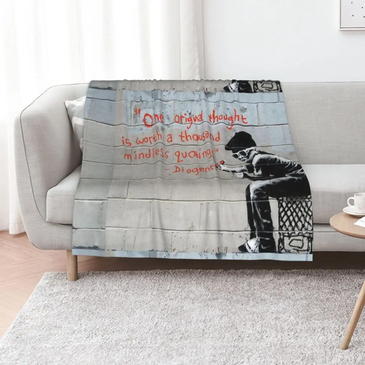 Banksy street graffiti art One original thought is worth a thousand mindless quotings Diogenes Throw Blanket Camping Blankets
Banksy street graffiti art One original thought is worth a thousand mindless quotings Diogenes Throw Blanket Camping Blankets