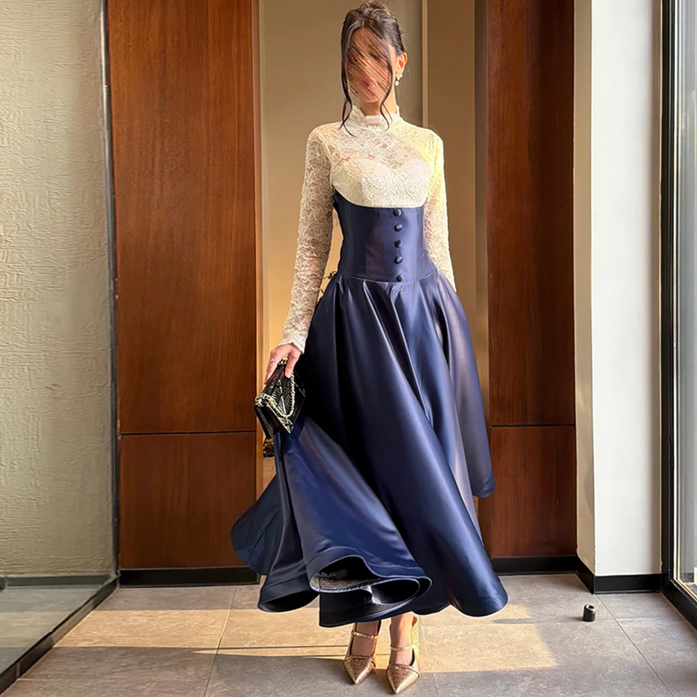 Fashion Blue Satin Evening Dress Temperament Long Sleeves Party Dresses High Quality Lace High Collar Customized Celebrity Gown
Fashion Blue Satin Evening Dress Temperament Long Sleeves Party Dresses High Quality Lace High Collar Customized Celebrity Gown