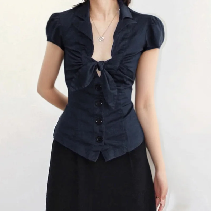 Dark Blue Shirts Solid Bow Square Collar Shirt Korean Fashion Women's Top Sexy Low Bust Shirts Short sleeve Tee F46
Dark Blue Shirts Solid Bow Square Collar Shirt Korean Fashion Women's Top Sexy Low Bust Shirts Short sleeve Tee F46