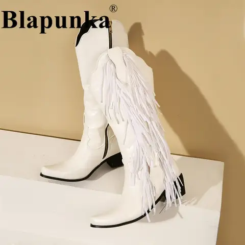 Blapunka Trendy Tassels Cowgirl Boots for Women Chunky Heels Zipper Knee-High Cowboy Boots Vintage Fringed Winter Shoes White 43