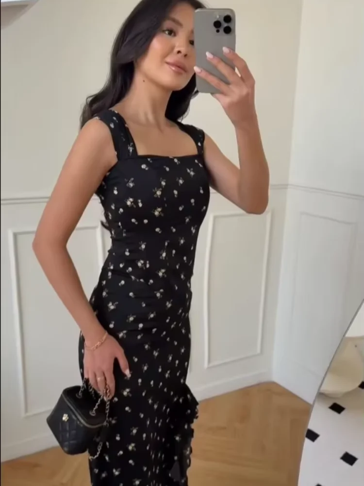 Women Black Yellow Ditsy Floral Square Neck Wide Strap Satin Ruffled Midi Dress Elegant Sleeveless Outfit Evening Cusual Gown
Women Black Yellow Ditsy Floral Square Neck Wide Strap Satin Ruffled Midi Dress Elegant Sleeveless Outfit Evening Cusual Gown