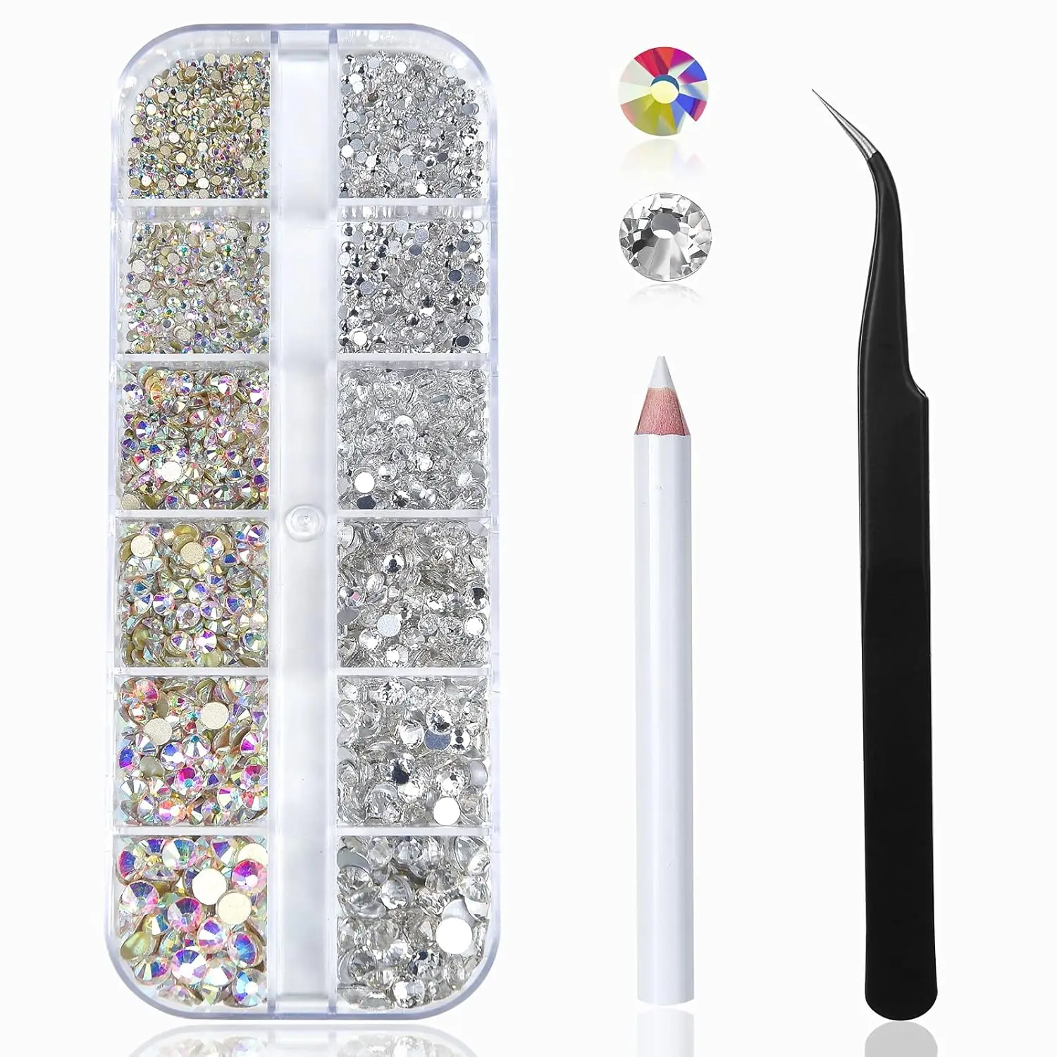 2400pcs Nail Art Rhinestones Kit, AB Flatback Gems with Wax Pencil & Tweezers, 6 Sizes 1.5-4.8mm for Nail Craft and DIY
2400pcs Nail Art Rhinestones Kit, AB Flatback Gems with Wax Pencil & Tweezers, 6 Sizes 1.5-4.8mm for Nail Craft and DIY