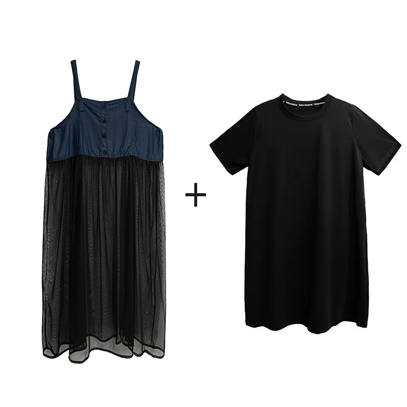Japanese casual patchwork mesh shoulder strap skirt+T-shirt skirt two-piece set, summer new niche design loose women's suit
Japanese casual patchwork mesh shoulder strap skirt+T-shirt skirt two-piece set, summer new niche design loose women's suit