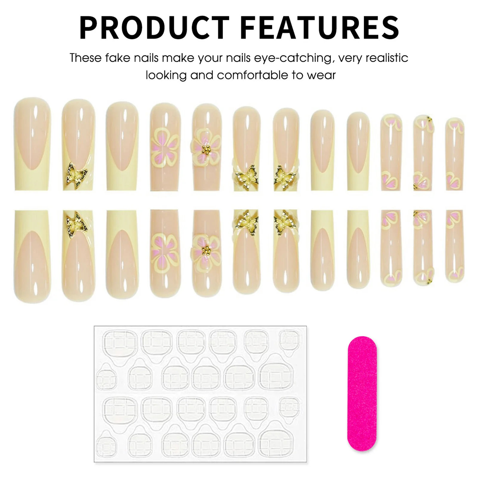 24Pcs Long Coffin False Nails Yellow French Press On Nails Flower Printed Nude Color Detachable Fake Nails 3D Butterfly Decor
24Pcs Long Coffin False Nails Yellow French Press On Nails Flower Printed Nude Color Detachable Fake Nails 3D Butterfly Decor