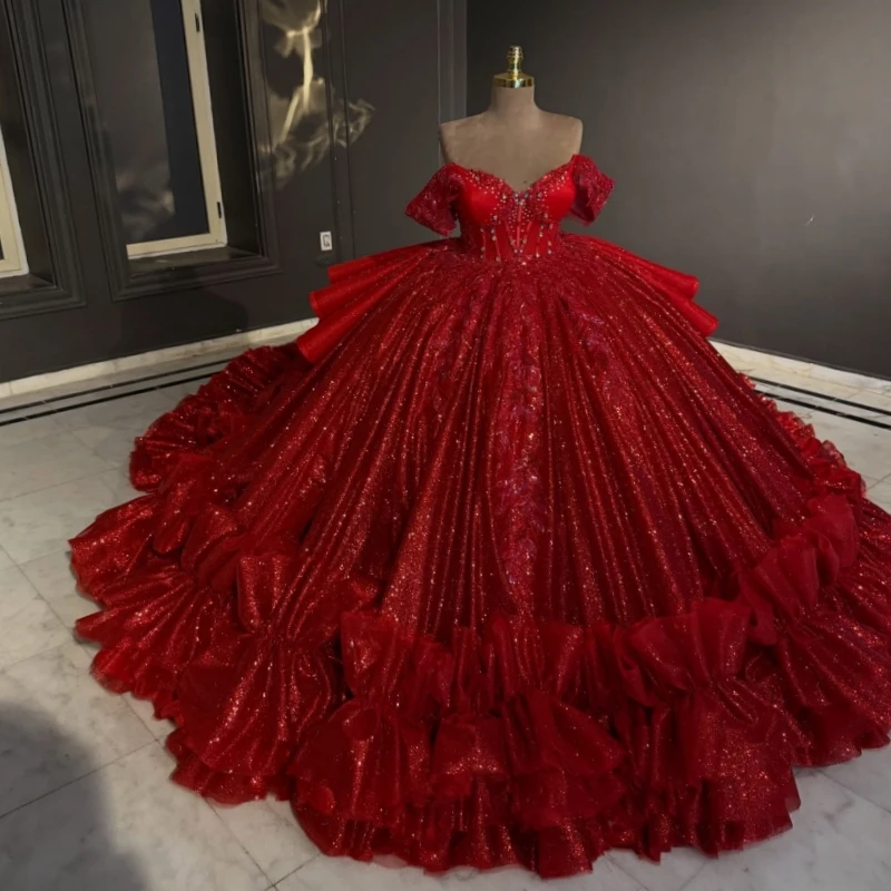 Red Shiny Ball Gown Quinceanera Dresses Applique Lace Beading Crystal Tiered Tull Corset Off The Shoulder Sweet 16 Dress
Red Shiny Ball Gown Quinceanera Dresses Applique Lace Beading Crystal Tiered Tull Corset Off The Shoulder Sweet 16 Dress