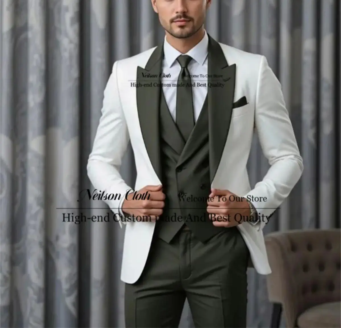 Fashion White Jacket Male Prom Blazers 3 Pcs Sets Green Vest Pants Groom Wedding Tuxedos Customized Peaked Lapel Costume Homme
Fashion White Jacket Male Prom Blazers 3 Pcs Sets Green Vest Pants Groom Wedding Tuxedos Customized Peaked Lapel Costume Homme