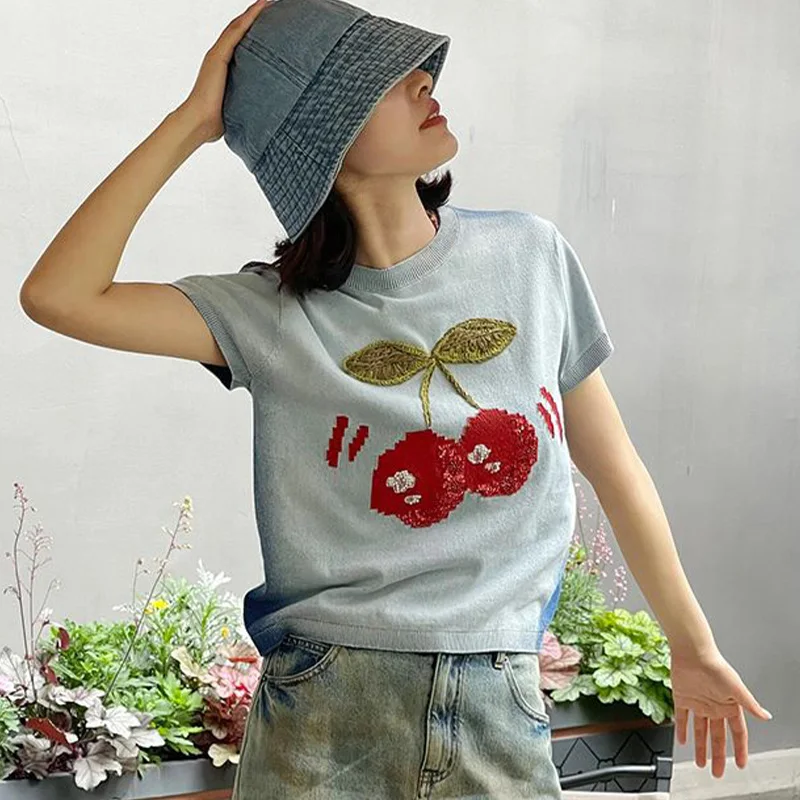 Summer New Vintage Elastic Slim O-neck Knitted Pullovers Women's Chic Fruit Embroidery Short Sleeve Gradient Tops
Summer New Vintage Elastic Slim O-neck Knitted Pullovers Women's Chic Fruit Embroidery Short Sleeve Gradient Tops