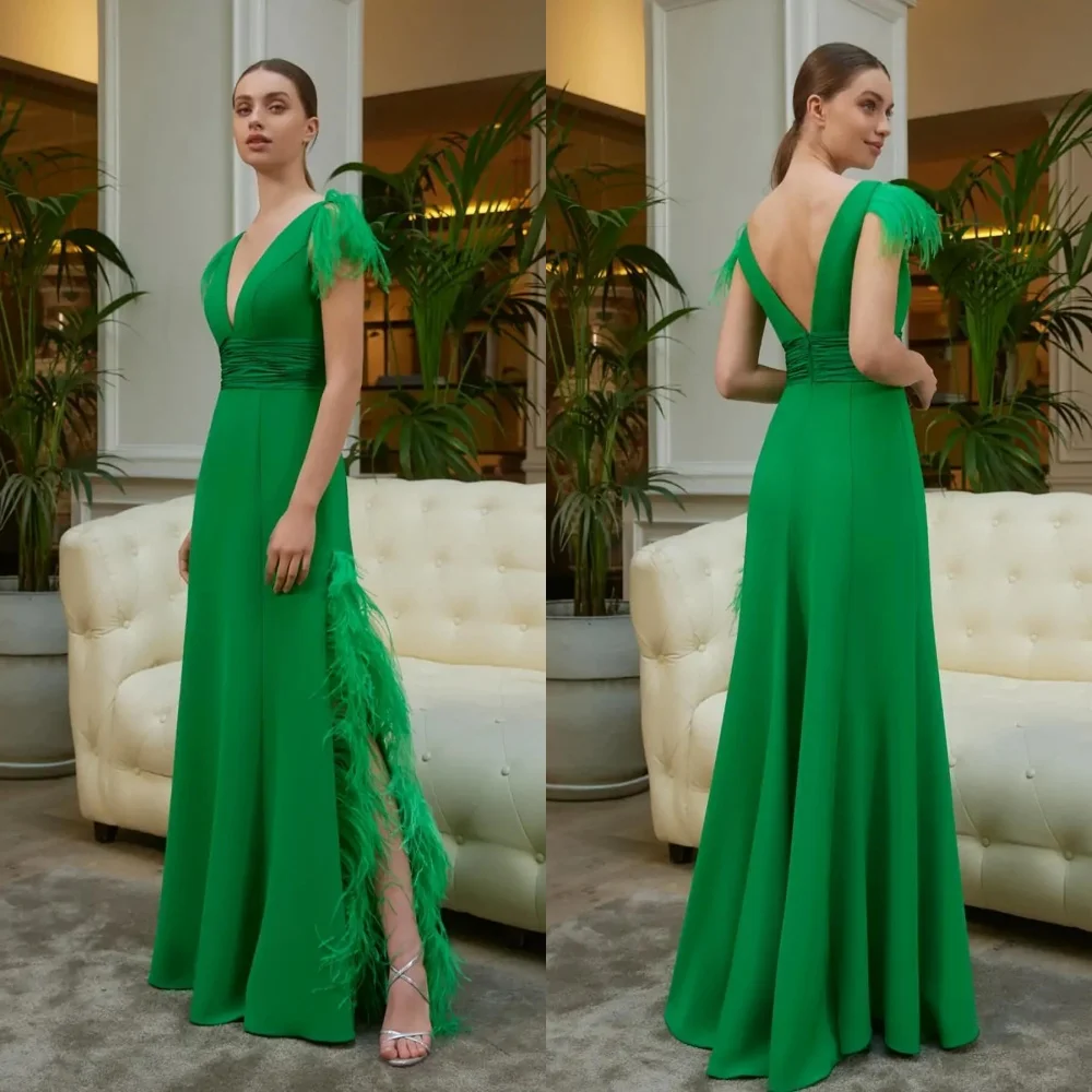 Customized Soft Feathers Evening Dress Delicate V-Neck Cap Sleeve Celebrity Gowns Graceful A-Line Side Slit Party Dre
Customized Soft Feathers Evening Dress Delicate V-Neck Cap Sleeve Celebrity Gowns Graceful A-Line Side Slit Party Dre