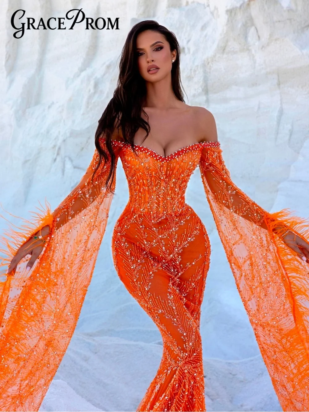 Vibrant Beaded Mesh Evening Dress Charming Off-Shoulder Evening Gown Glowing Feather-Embellished Floor-Length Party Gown Customi 
Vibrant Beaded Mesh Evening Dress Charming Off-Shoulder Evening Gown Glowing Feather-Embellished Floor-Length Party Gown Customi