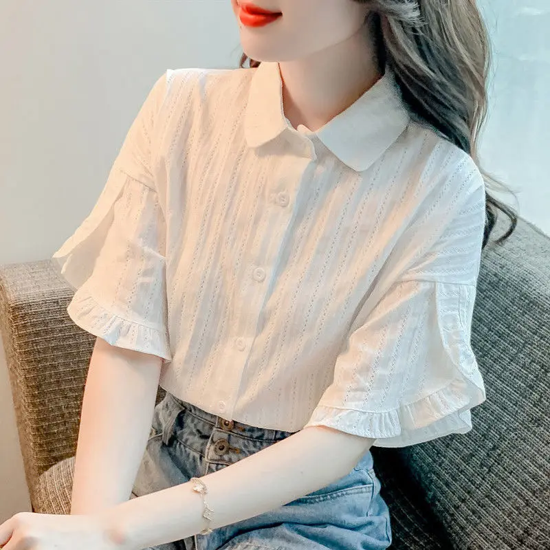 White Eyelet Embroidered Button-Down Shirt, Short Ruffle Sleeve, Casual Loose Fit Blouse
White Eyelet Embroidered Button-Down Shirt, Short Ruffle Sleeve, Casual Loose Fit Blouse