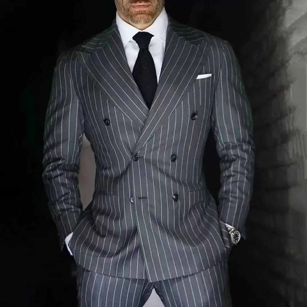 Gray Striped Suits for Men Two Piece Elegant Double Breasted Formal Business Casual Outfits Wedding Groom Tuxedo (Jacket+Pants)
Gray Striped Suits for Men Two Piece Elegant Double Breasted Formal Business Casual Outfits Wedding Groom Tuxedo (Jacket+Pants)