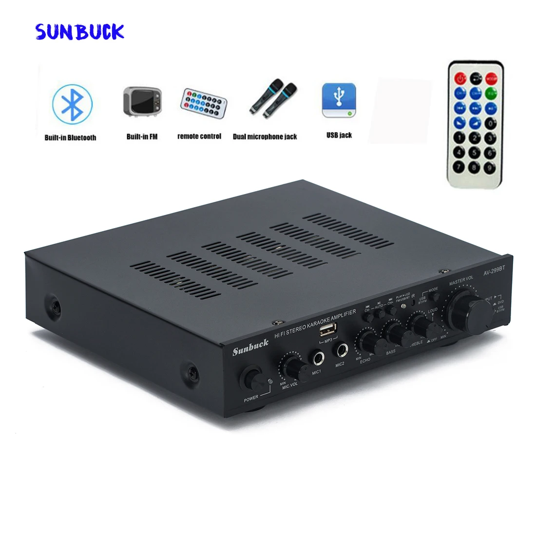 Sunbuck 220V 2.1 channel 200W high power Bluetooth USB SD FM remote control karaoke HIFI sound amplifier audio
Sunbuck 220V 2.1 channel 200W high power Bluetooth USB SD FM remote control karaoke HIFI sound amplifier audio