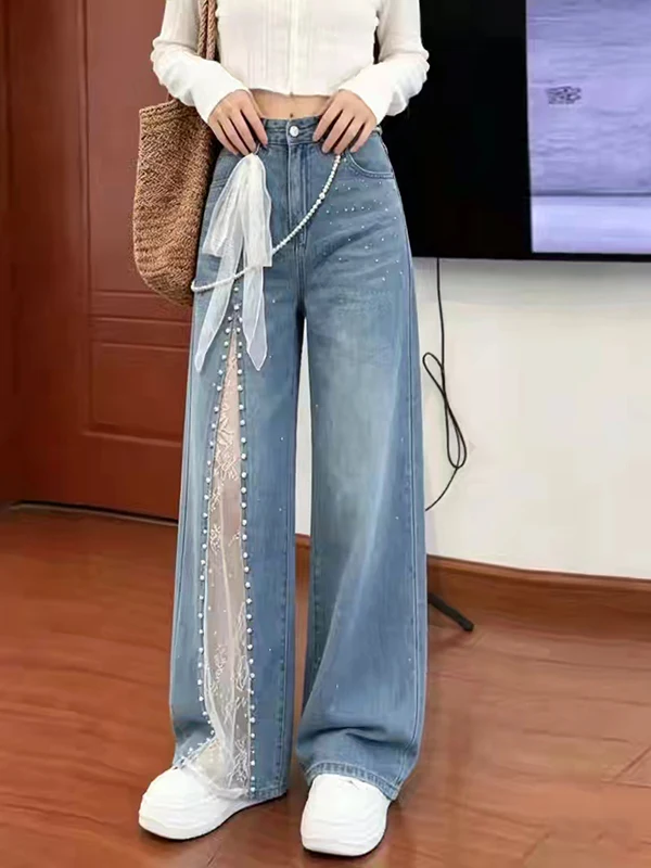 High Waist Wide Leg Lace Patchwork Pearl Design Women's Jeans Summer New Loose Slimming Straight Cut Pants Fashionable Ladies
High Waist Wide Leg Lace Patchwork Pearl Design Women's Jeans Summer New Loose Slimming Straight Cut Pants Fashionable Ladies