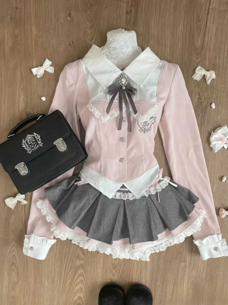 Kawaii Sweet Preppy Style Slim 2-piece Set Women Spring Cute Long Sleeve Patchwork Shirt + Lace Ruffle Bow Short Skirt Suit New
Kawaii Sweet Preppy Style Slim 2-piece Set Women Spring Cute Long Sleeve Patchwork Shirt + Lace Ruffle Bow Short Skirt Suit New