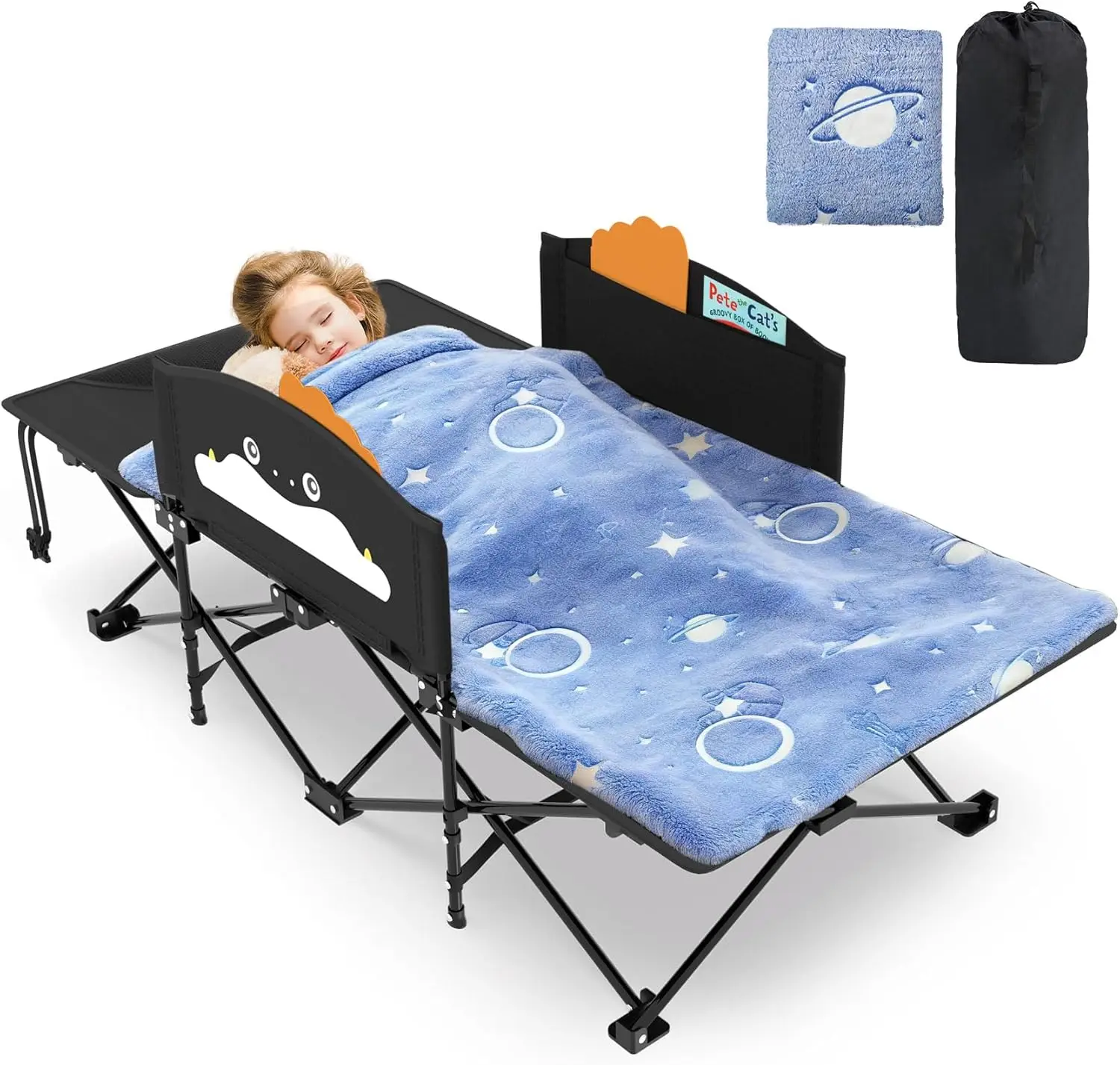 Portable Toddler Bed with Cartoon Handrail, Folding Cot for Camping & Travel, 56" Extra Long, Supports 330 Lbs, Black
Portable Toddler Bed with Cartoon Handrail, Folding Cot for Camping & Travel, 56" Extra Long, Supports 330 Lbs, Black