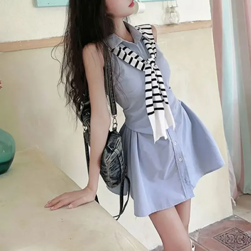 Female Clothing Blue Polo-Neck Sleeveless Dresses Preppy Style Solid Color Summer Fashion Folds Waist A-Line Korean Mini Dress
Female Clothing Blue Polo-Neck Sleeveless Dresses Preppy Style Solid Color Summer Fashion Folds Waist A-Line Korean Mini Dress
