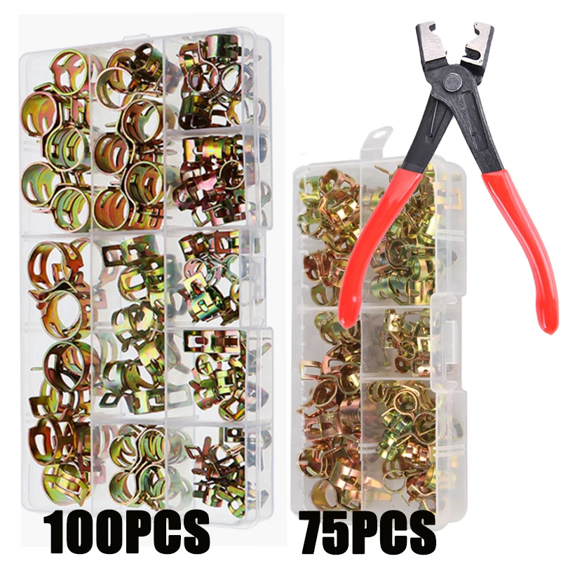 75/100pcs Spring Hose Clamp Band Fuel Line Hose Clamp Silicone Pipe Clamp Reusable 6mm-22mm with Clamp Pliers
75/100pcs Spring Hose Clamp Band Fuel Line Hose Clamp Silicone Pipe Clamp Reusable 6mm-22mm with Clamp Pliers